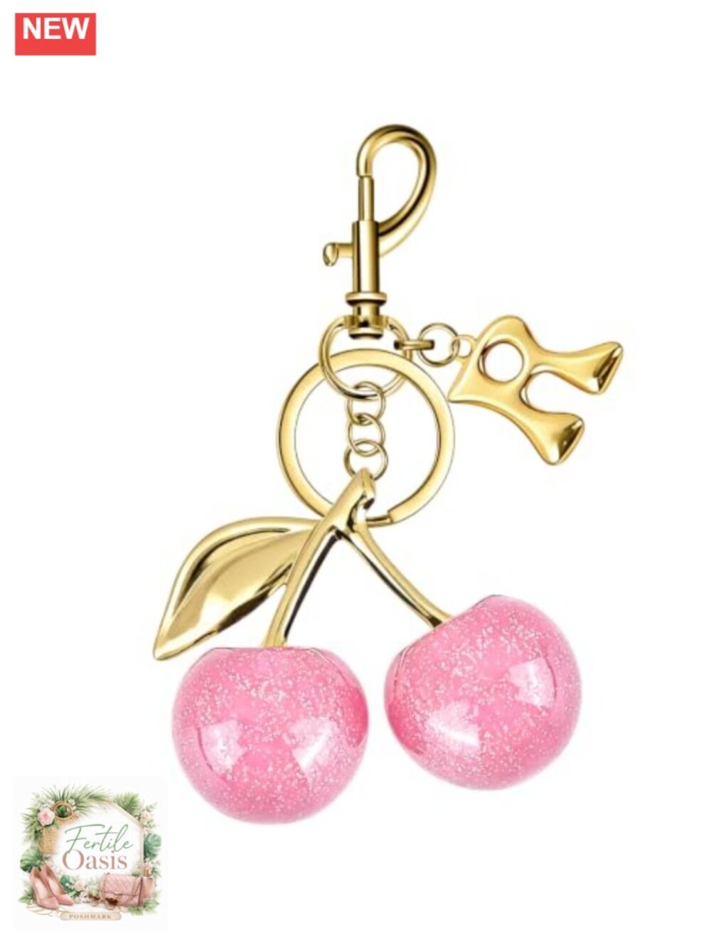 Cherry Initial Keychain Bag Charm, Gold Letter Purse Charm, Lobster Clasp